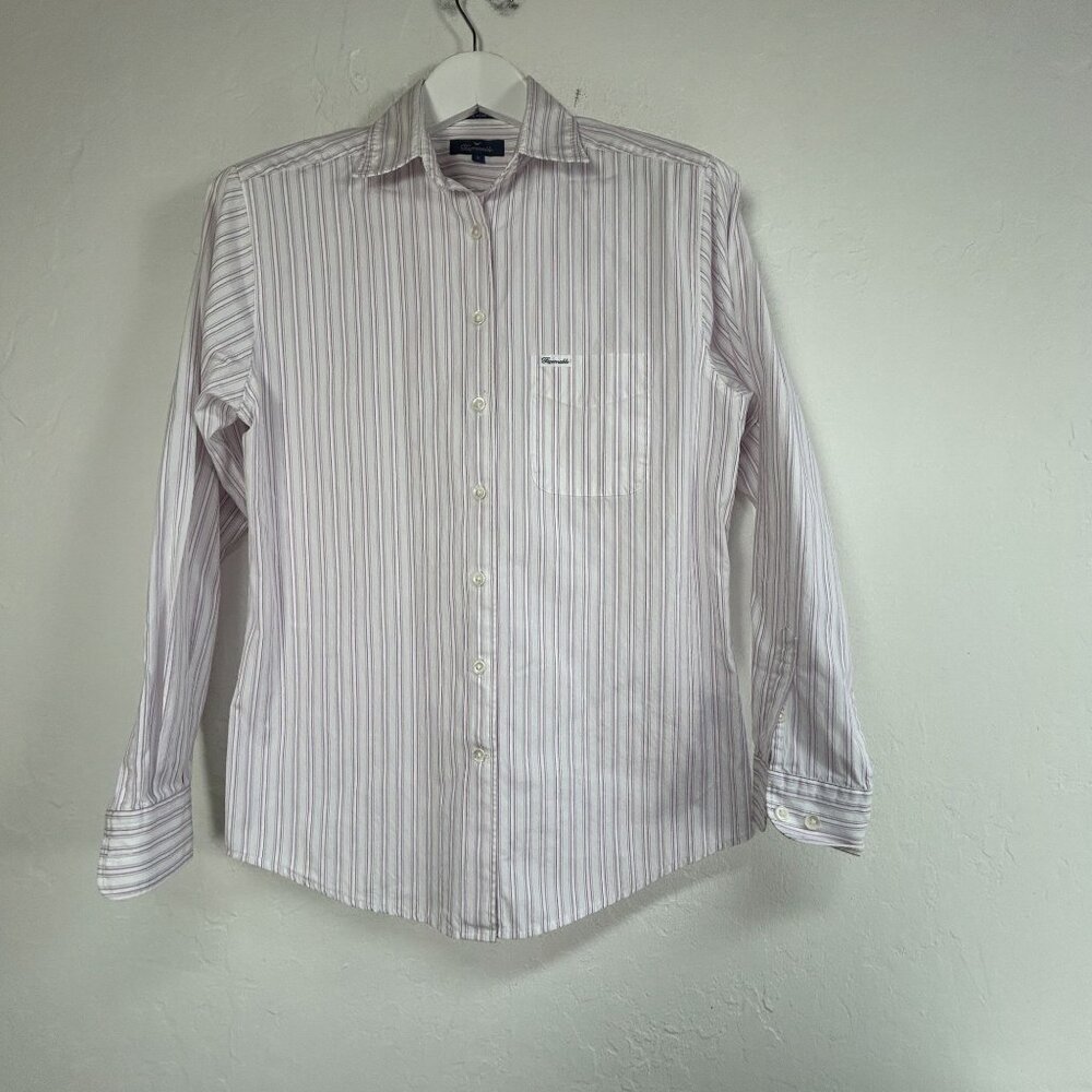 Faconnable Womens Striped Button-Up Shirt Small White Purple Cotton Long Sleeve